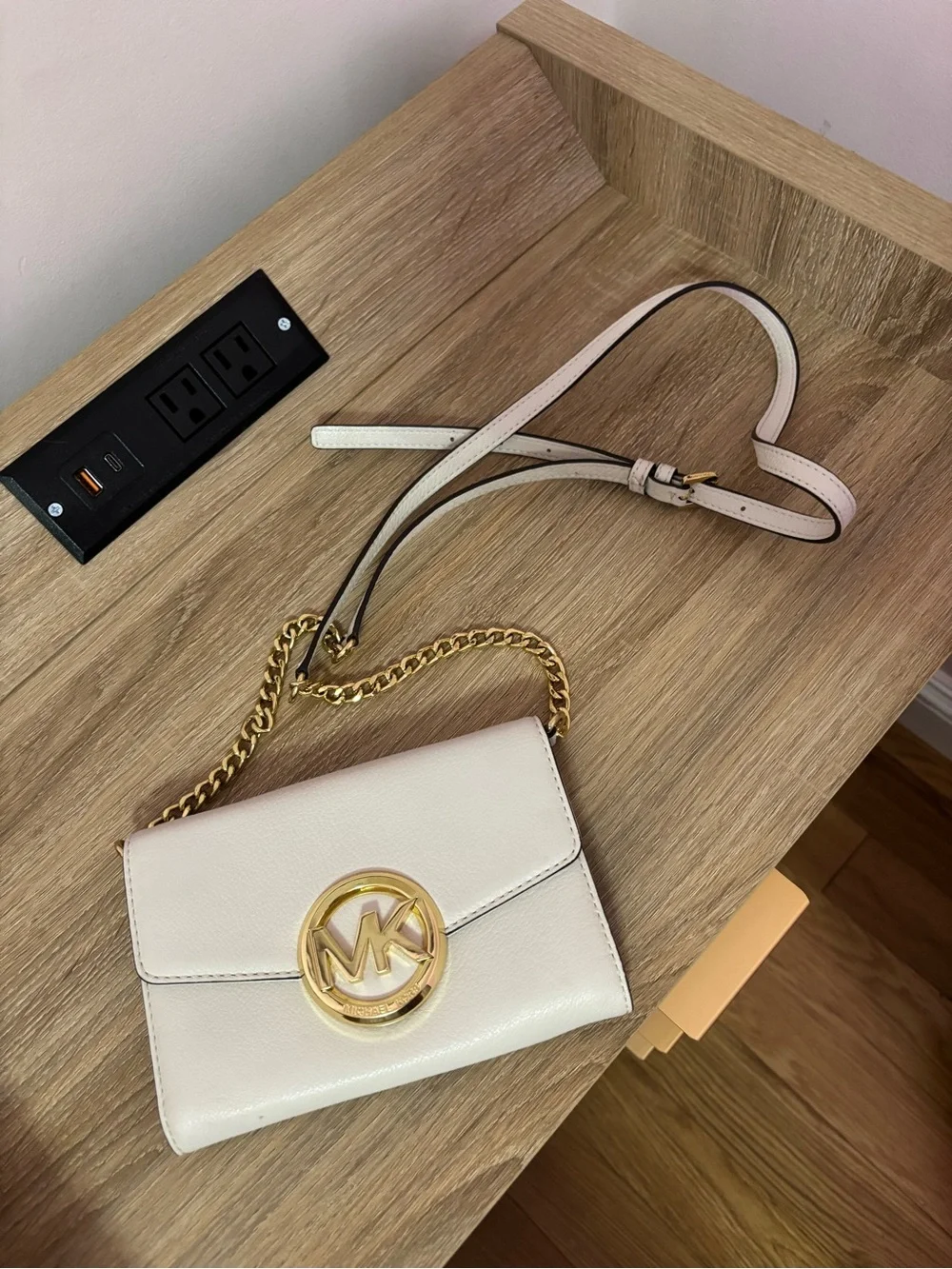 Michael Kors Cream Leather Crossbody with Gold MK Logo